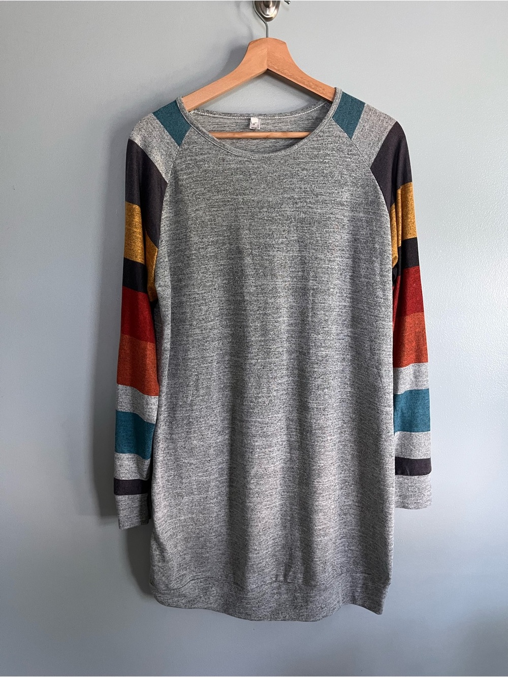 Women’s Grey Sweater Tunic with Multicolor Stripe Sleeves